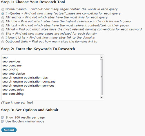 Add Keywords and Select Show 100 Results and Google's Minimal Mode