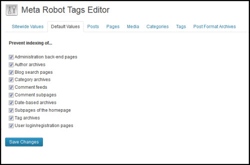 Control default settings, pages, posts, media or term archives with the Meta Robot Tags Editor